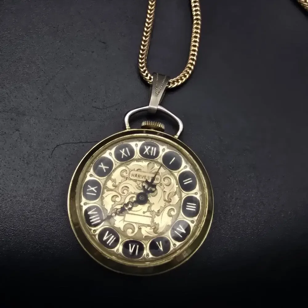 Vintage Harvester Watch Pendant Necklace Gold Tone Mechanical WORKS